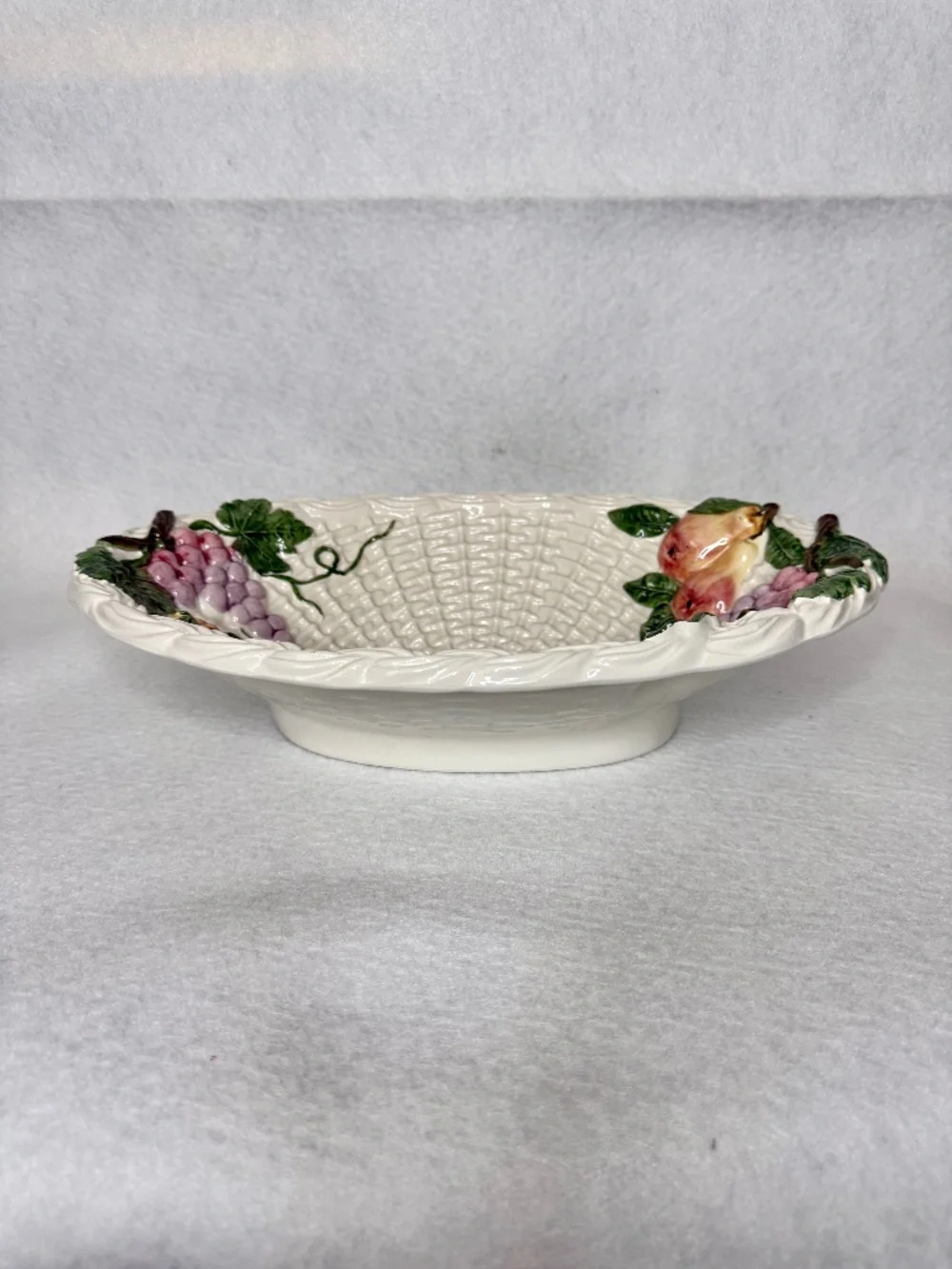 Vintage Ceramic Basketweave Oval Bowl w/ Grapes, Pears, Peaches